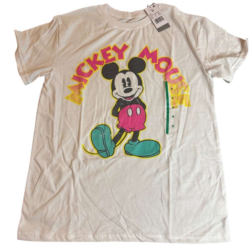 Disney Mickey‎ Mouse White Retro Neon Graphic Tee Jerry Leigh Men's Medium NWT